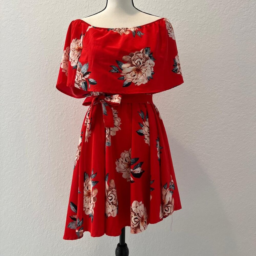 Asymmetrical Red Floral Summer Dress -  Large